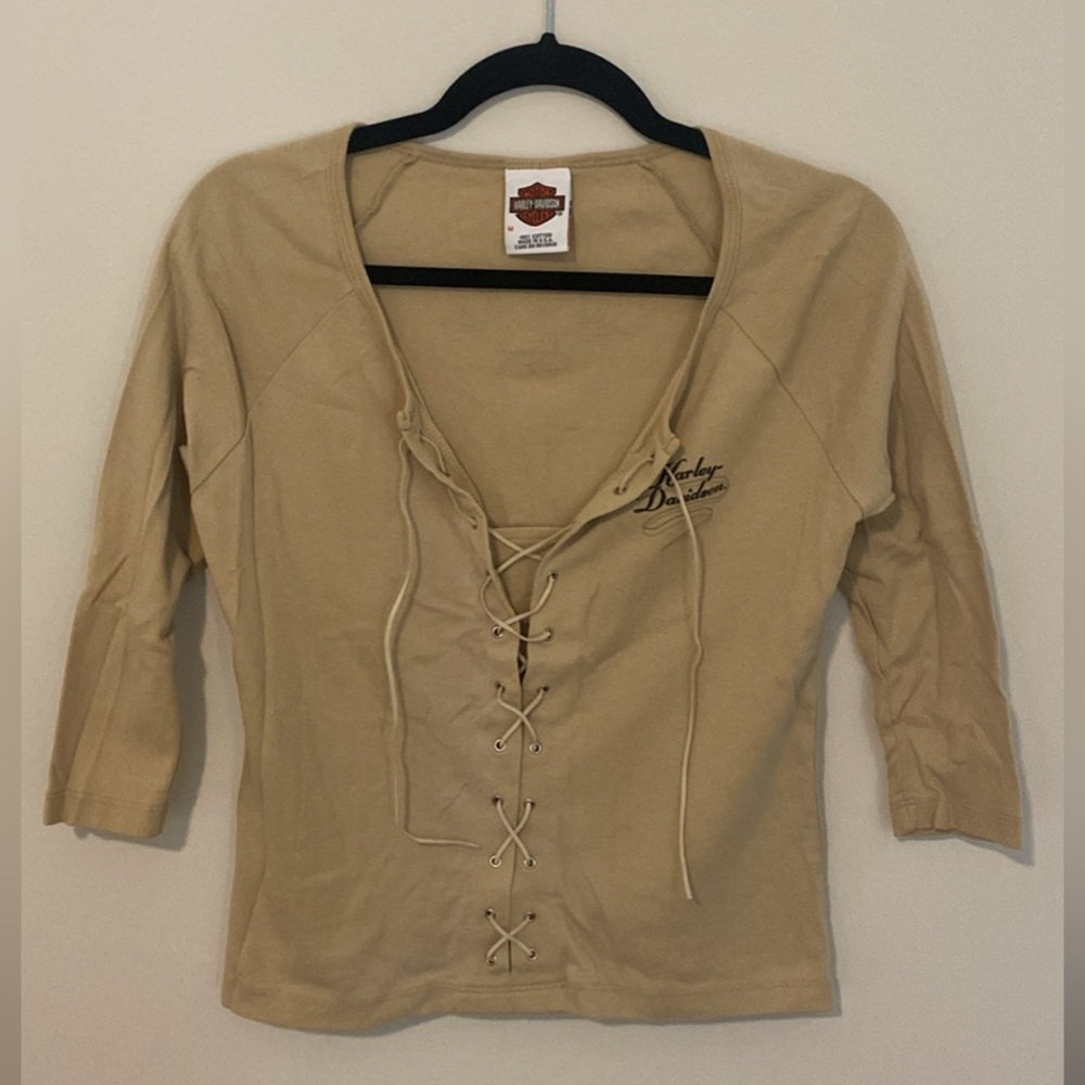 Vintage Harley Davidson Motorcycles Tan Lace-Up Top 3/4 Length Sleeves